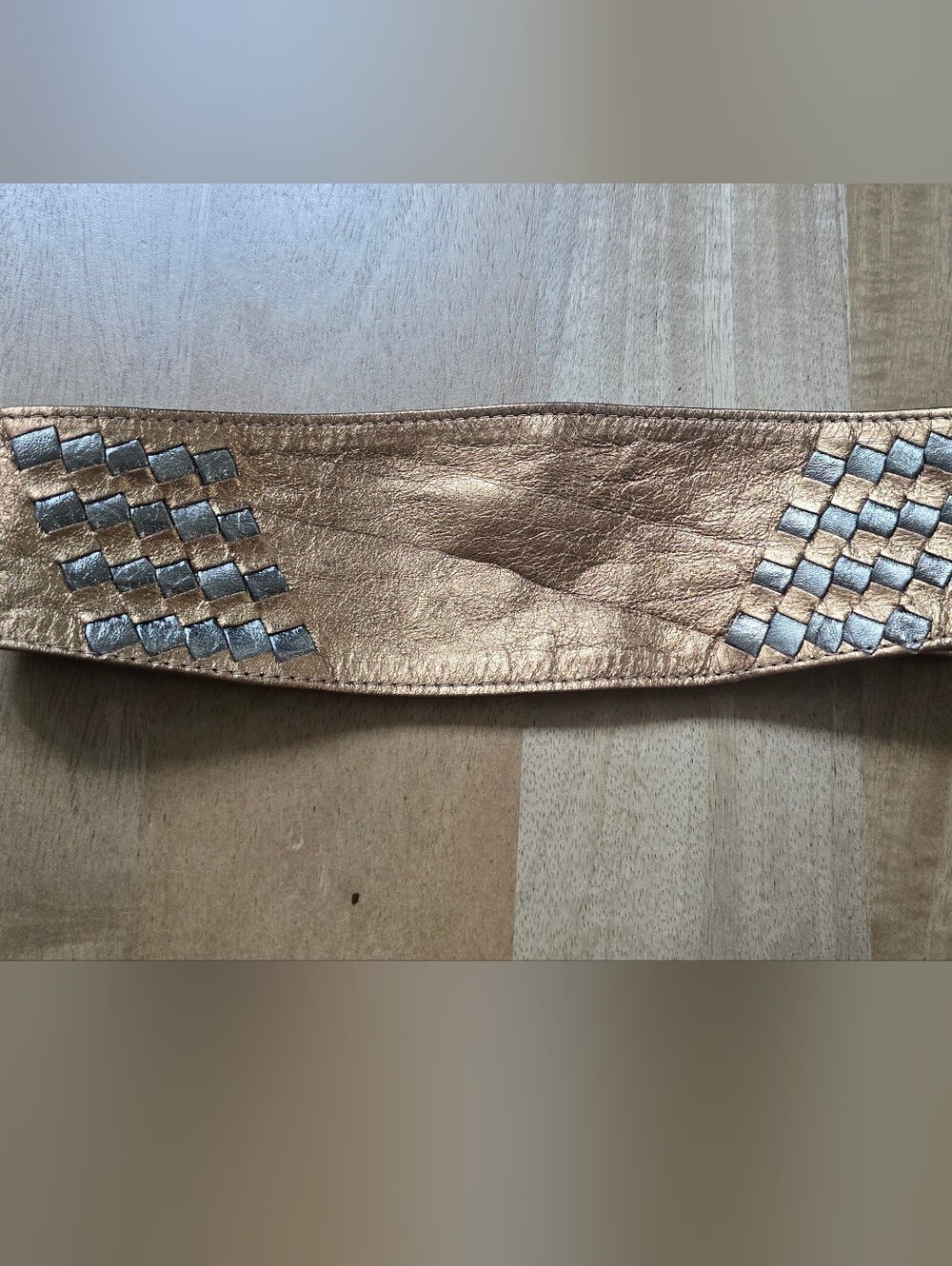 Vintage Omega Leather Wide Contour Belt Metallic Gold Silver Woven Obi Waist